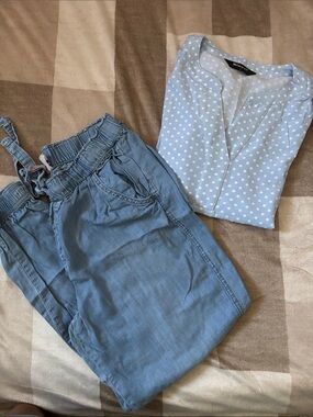 Blue Polka Dot Blouse and Light Denim Joggers Set